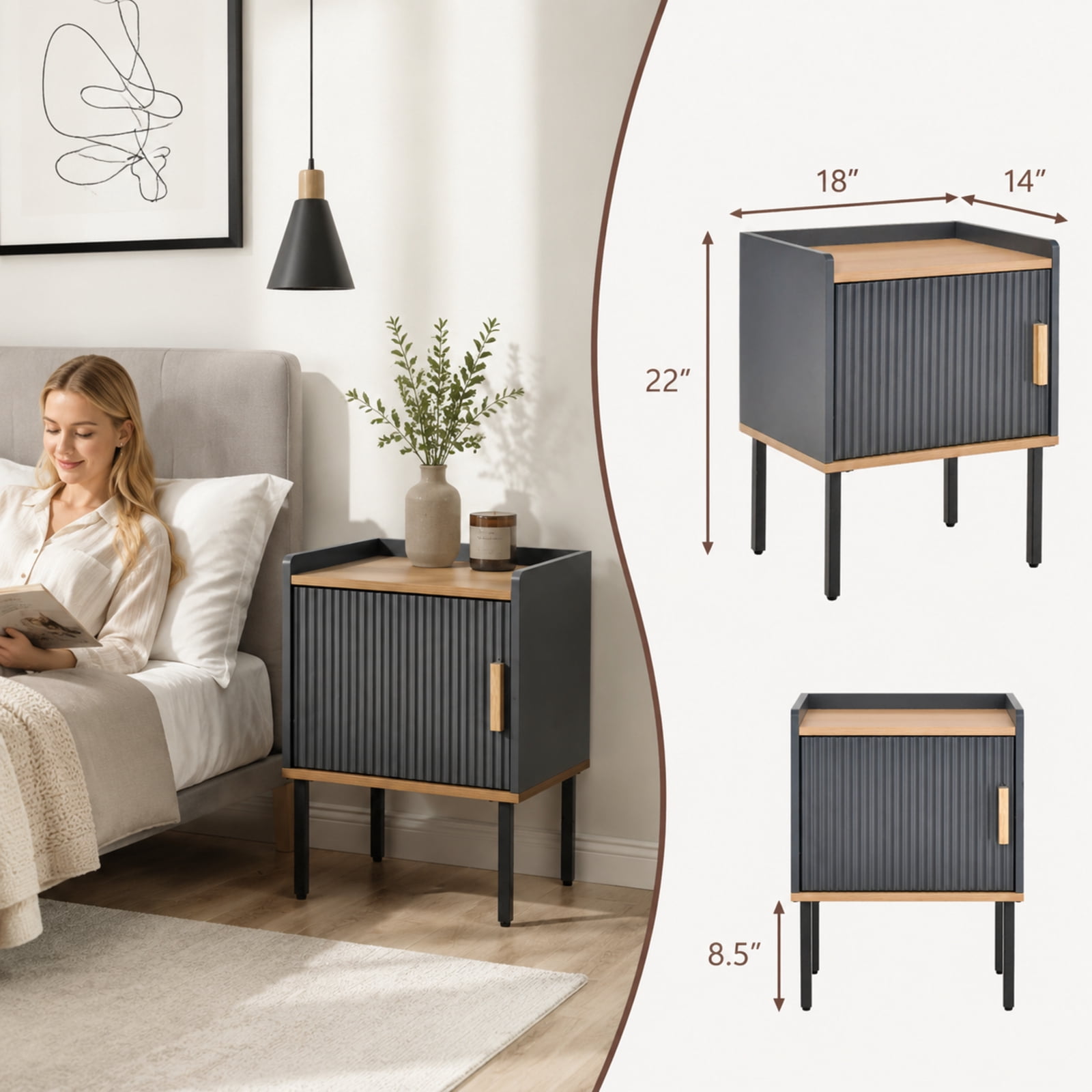 Furnibear Nightstand Bedside End Table with Door Cabinet for Living Room Bedroom for Bedroom Living Room Bedside Sofa Side Small Space, Gray