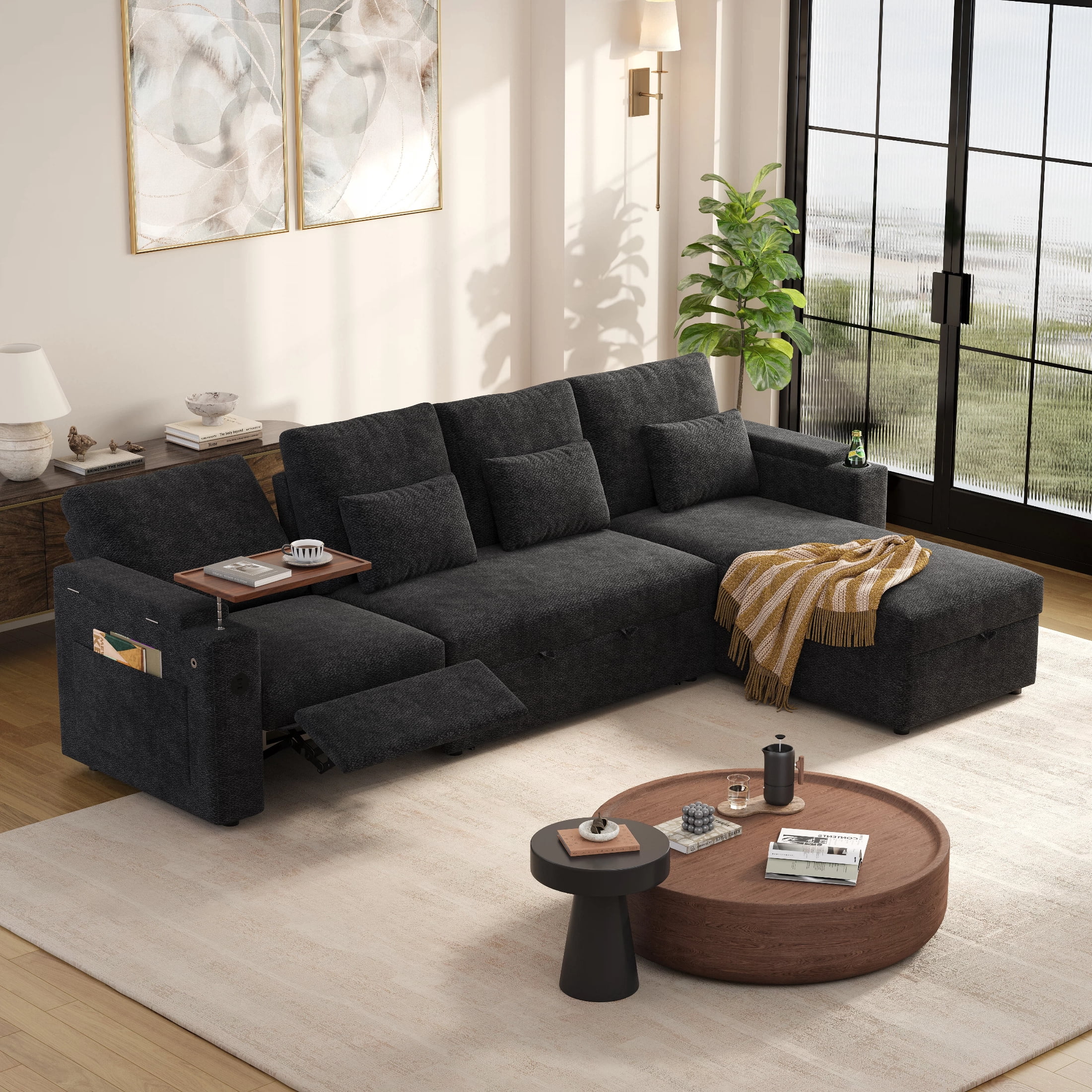 AISWORD 108" 3-in-1 Convertible Pull Out Sofa Bed, 6 Position Adjustable Sleeper Couch with USB Ports, Laptop Table, Cup Holders & Side Storage Pockets, Black