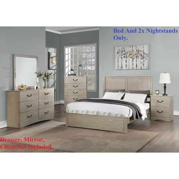 Light Tan Hue Finish Chic Design 3pc California King Size Bed Set Bedroom Furniture 2x Nightstands Wooden Headboard Footboard