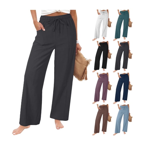Women's Pants Summer Casual Cotton Linen Pants Elastic Waist Straight Leg Travel Trousers Vacation Outfits