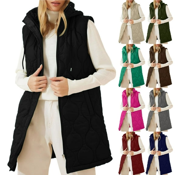 Otntypg Womens Long Puffer Vest Trendy Sleeveless Drawstring Hooded Puffer Down Jacket Lightweight Quilted Jackets Winter Warm Zip Up Coat Outerwear with Pockets Brown S