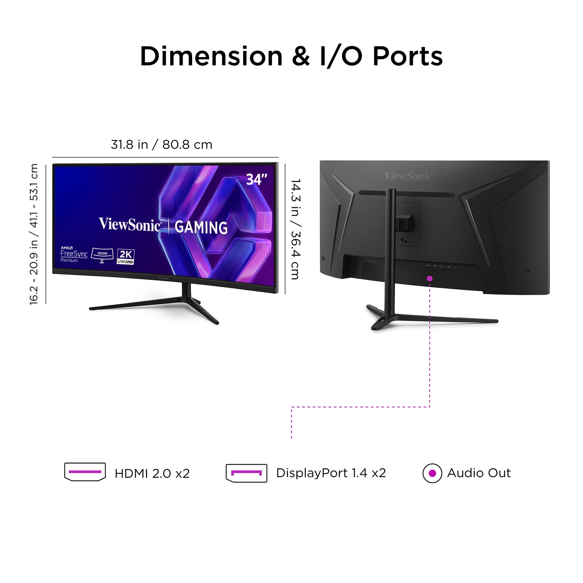 ViewSonic VX3418C-2K 34 Inch UltraWide QHD 1440p Curved Gaming Monitor with 180Hz, 1ms, 21:9, Advanced Ergonomics, FreeSync Premium, HDR10, HDMI, and DisplayPort Inputs