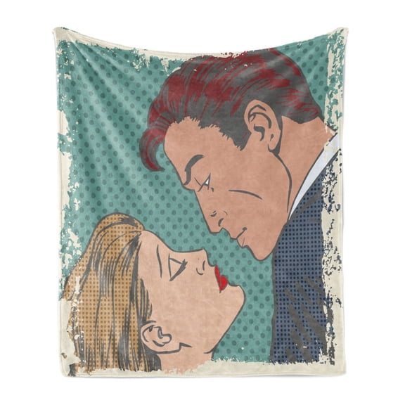 Kiss Soft Flannel Fleece Throw Blanket, Man and Woman About to Kiss Pop Art Comics Retro Style Halftone Grunge, Cozy Plush for Indoor and Outdoor Use, 60" x 80", Turquoise Cream, by Ambesonne