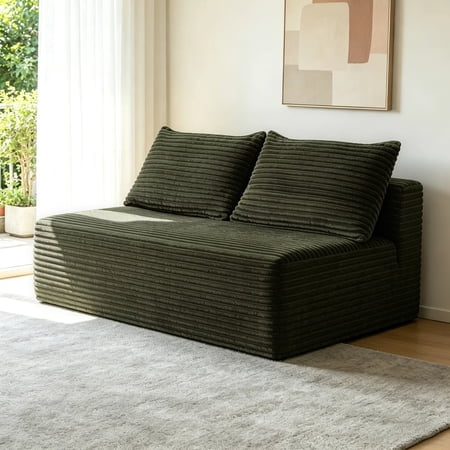 Comfortable 58-Inch Green Plush Fabric Sectional Sofa with Cup Holder