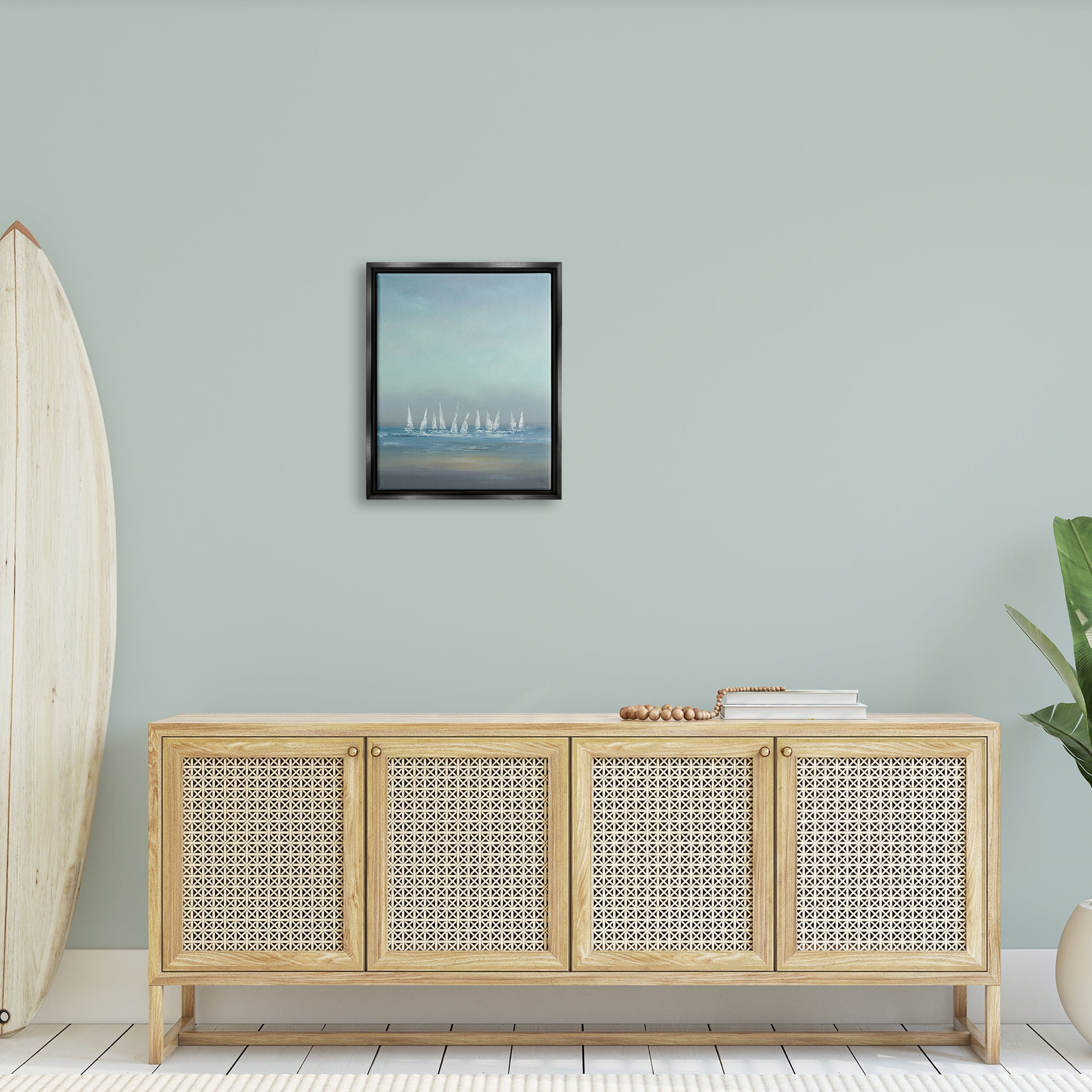 Stupell Industries The Regatta Abstract Seascape Jet Black Framed Floating Canvas Wall Art, 16x20, by Lisa Ridgers