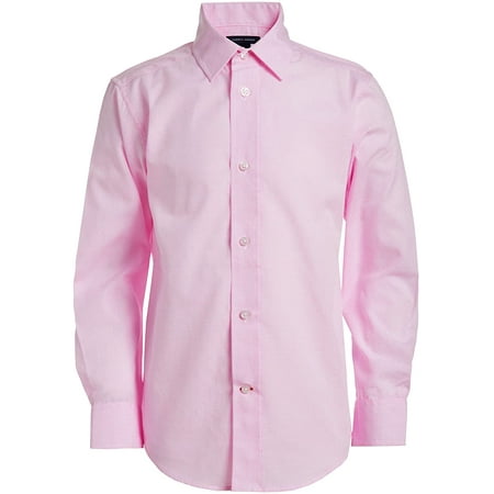 Tommy Hilfiger Boys Long Sleeve Dress Shirt, Collared Button-Down with Cuff Sleeves, Gingham 20 Light Pink