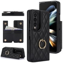 ELEHOLD for Samsung Galaxy Z Fold 3 Wallet Case,Luxury Premium Diamond Leather Rotatable Ring Credit Card Cash Slot Magnetic Clasp Kickstand Shockproof Protective for Samsung Galaxy Z Fold 3,Black