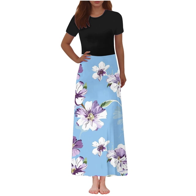 LOVZFMLL Robe Cheville à Manches Courtes Imprimée à Col Rond pour Femme Bleu G