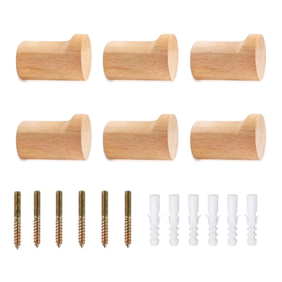 Wood Wall Hooks 6 Pack, Natural Wooden Coat Hooks Wall Mounted, Handmade Rustic Hat Hooks Heavy Duty Entryway Wall Hangers for Hanging Towels, Clothes, Bags (Beech Wood)
