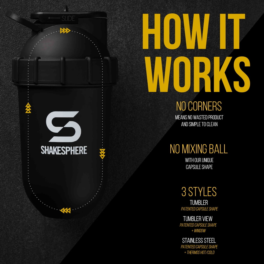 ShakeSphere Tumbler: Protein Shaker Bottle, 24oz Glossy Black with White Logo