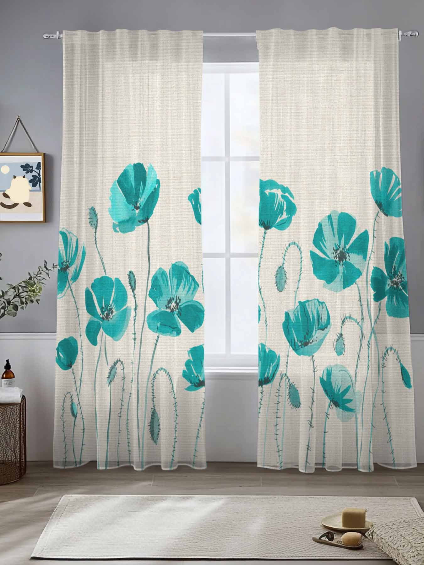 Teal Floral Sheer Curtains 2 Panels Set Watercolor Autumn Turquoise Wildflowers Plant Linen Texture Sheer Window Curtains Light Filtering Rod Pocket Voile Drapes for Bedroom Living Room 52"X108"