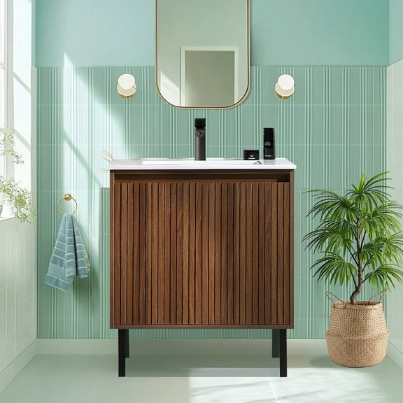 UNISOAR 30" Modern Bathroom Vanity with Ceramic Sink, Free Standing or Wall Mounted Floating Cabinet With 2 Soft Close Doors, Walnut