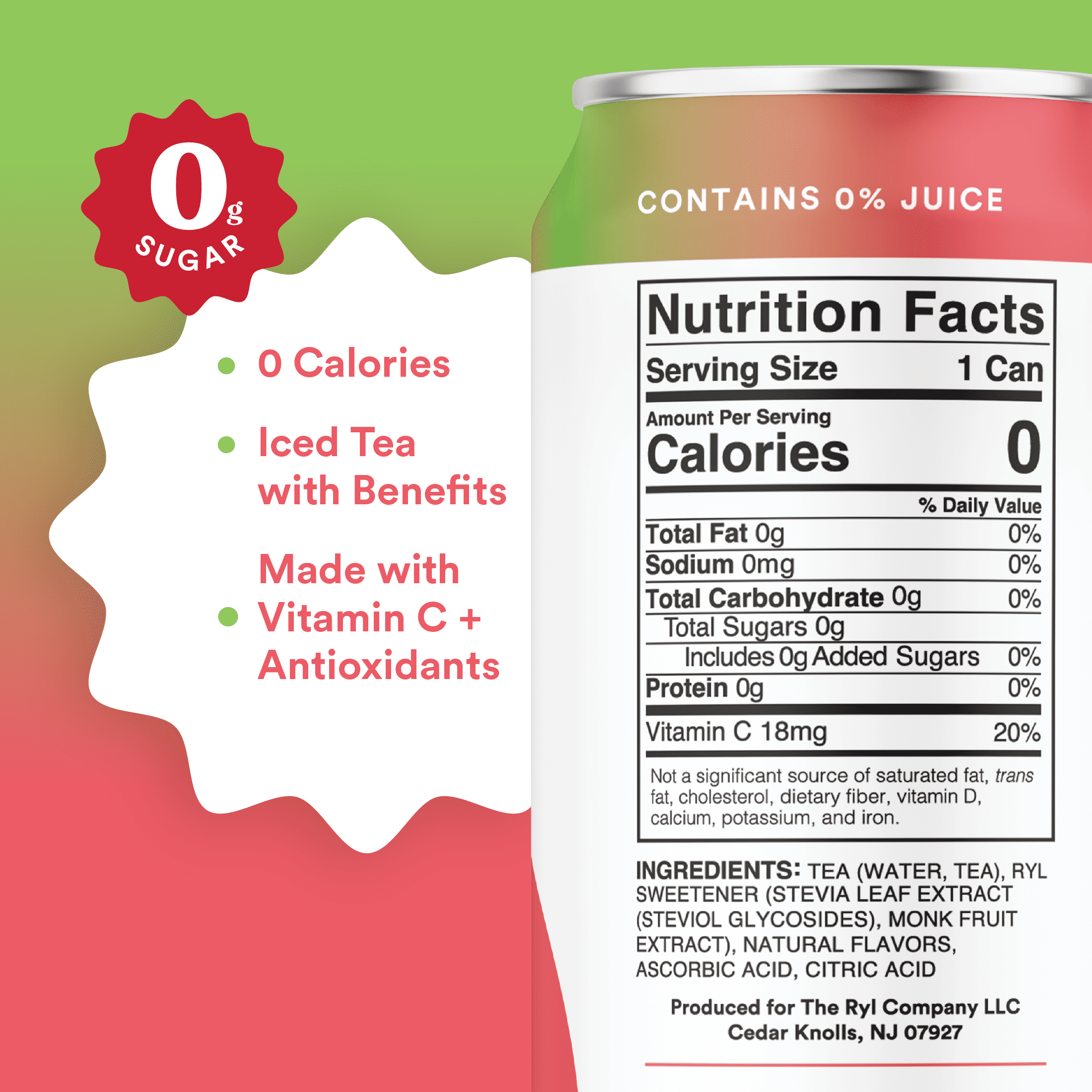 Ryl Iced Tea Watermelon, Zero Sugar Iced Tea, Antioxidant Superblend, 16 fl oz Ready-to-Drink Can