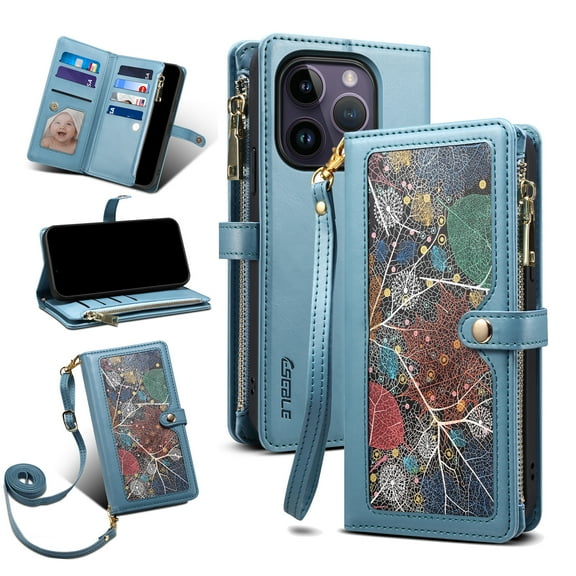 Dteck Fit for Apple iPhone 14 Pro 6.1 inch 2022 Zipper Leather Case with Wrist Strap & Shoulder Strap,Magnetic Clasp RFID Blocking Card Holder Wallet Premium Retro Leather Phone Case,Blue