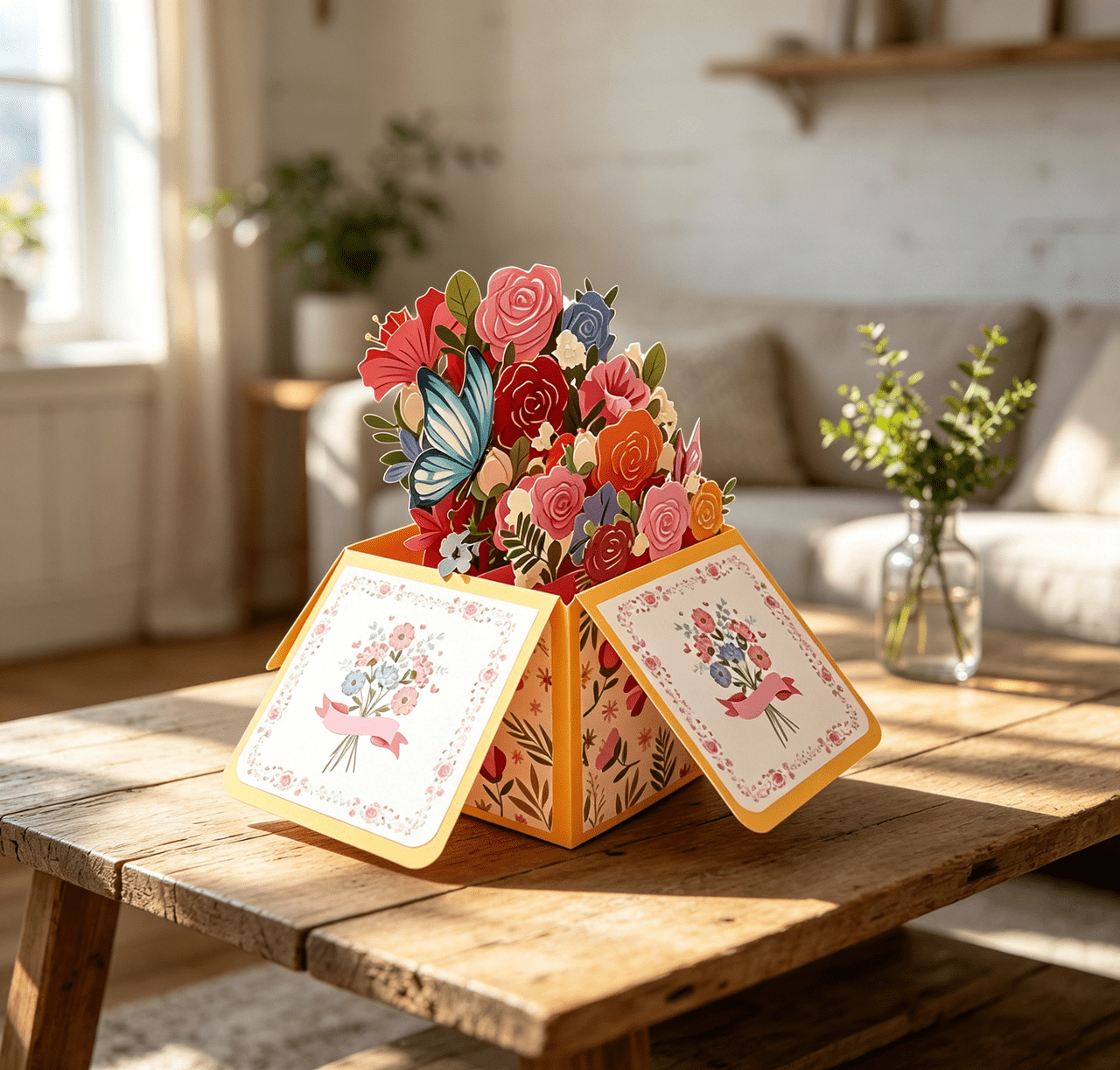 VKLU 2 Pack 3D Pop Up Flower Bouquet Cards with Butterfly, 3D Greeting Cards Assortment for Mother's Day, Birthday, Thank You, Thinking of You, Paper Flower Gifts for Women