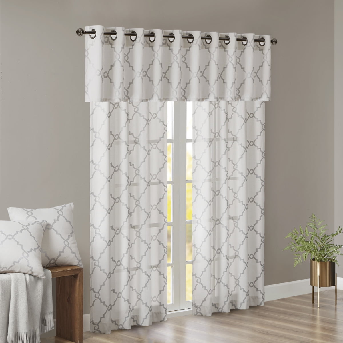 MAYEERTY 50x18" Fretwork Print Grommet Top Valance, Ivory/Grey