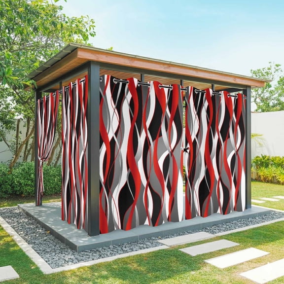 Outdoor Curtains for Patio Waterproof, Red Stripe Windproof Pravicy Outside Porch Blackout Curtain, Grey White Ombre Geometric Modern Abstract Sun Blocking Curtains for Cabana 2 Panels 54"x84"