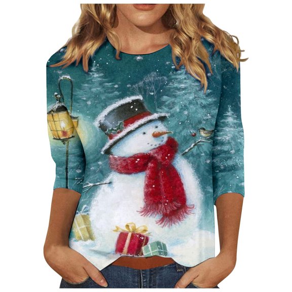 IROINNID Christmas Shirts for Women Christmas Print 3/4 Sleeve Crewneck Pullover Casual Holiday Blouse Loose Tops,Blue