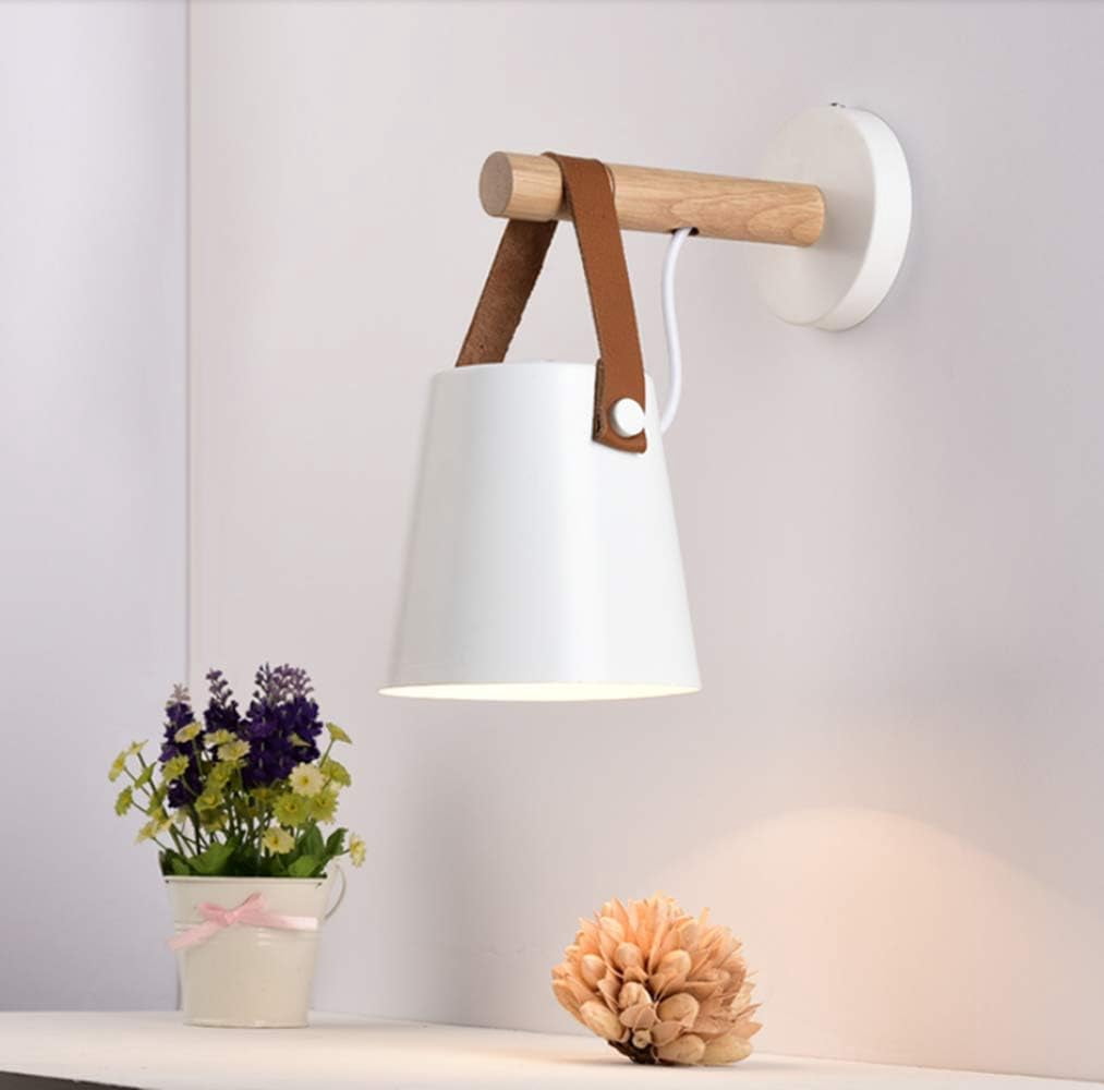 Wall Sconce Lamp Wall Sconces Light Fixture Nordic Wood Wall Sconce Lighting Black E27 Iron Art Leather Belt Wall Sconce Creative Wall Light for Home Bedroom Bedside Aisle Restaurant,White