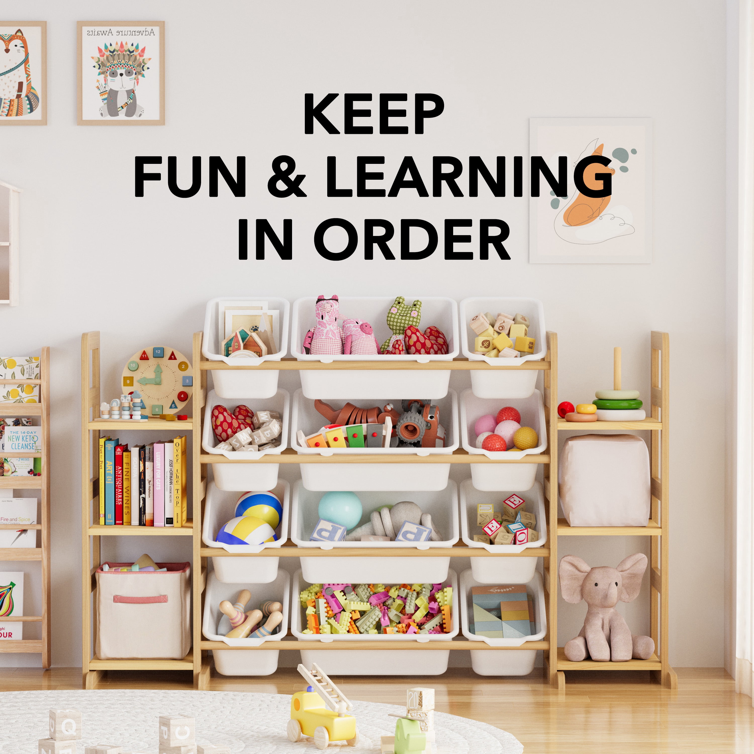 SpaceAid Toy Storage Organizer, Kids Bookshelf and Bookcase with 6 Shelves and 12 Bins, White