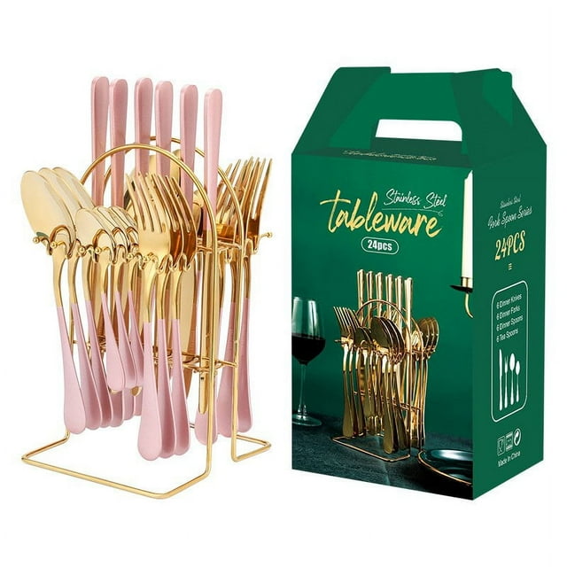 Gold Silverware Set Stainless Steel 24 Piece Anti-Rust Mirror Polished Flatware Gold Utensils Set Service for 6 with Gift Packaging Dishwasher Safe Hotel Tableware Wholesale