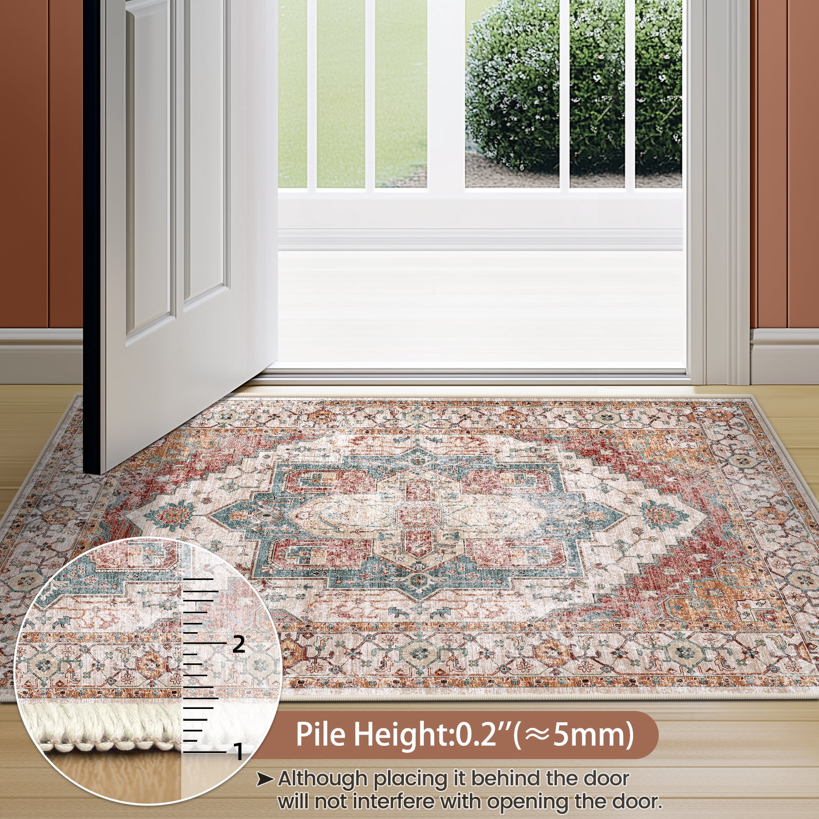 5'x7' Washable Area Rugs for Living Room,Traditional Vintage Thin Rugs,Non-Slip Persian Carpet,Orange-Brown