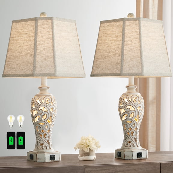 RORIA 25" Living Room Table Lamps Set of 2, Hollow Resin Farmhouse Rustic Bedside Lamp with 2 USB Charging Ports and Night Light, for Bedroom Nightstands