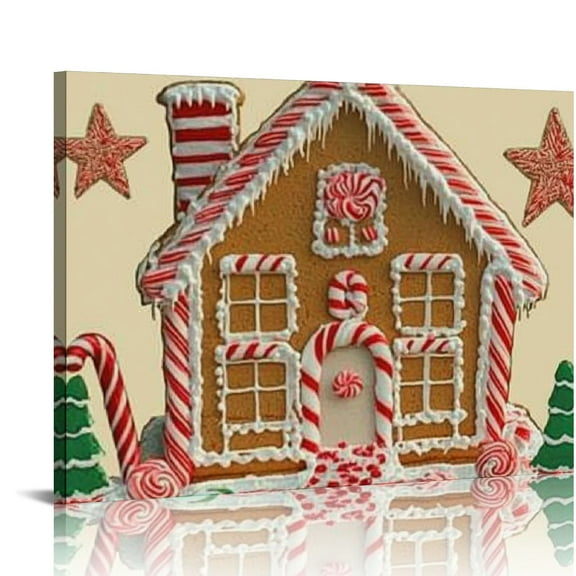 FCXZI Gingerbread House Candy Canes Star Canvas Wall Art Christmas Decor, Ready To Hang Home Room Art 16x12in