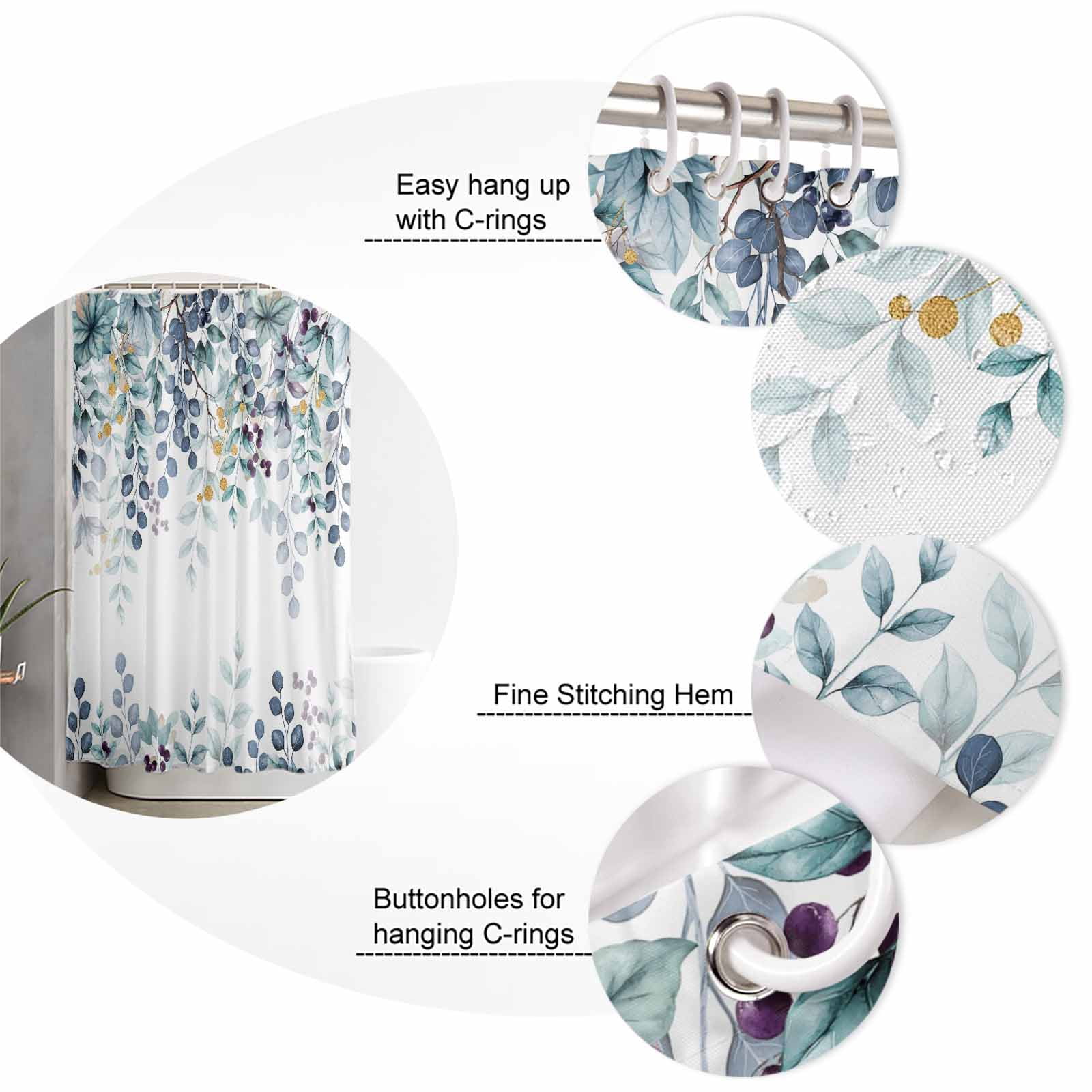 Eucalyptus Bathroom Curtain 78 Inch Shower Curtain with Hooks, Green Blue Branches Vintage Flower Plant Waterproof Polyester Bath Curtain Washable Bathtub Curtain 72''x 78''