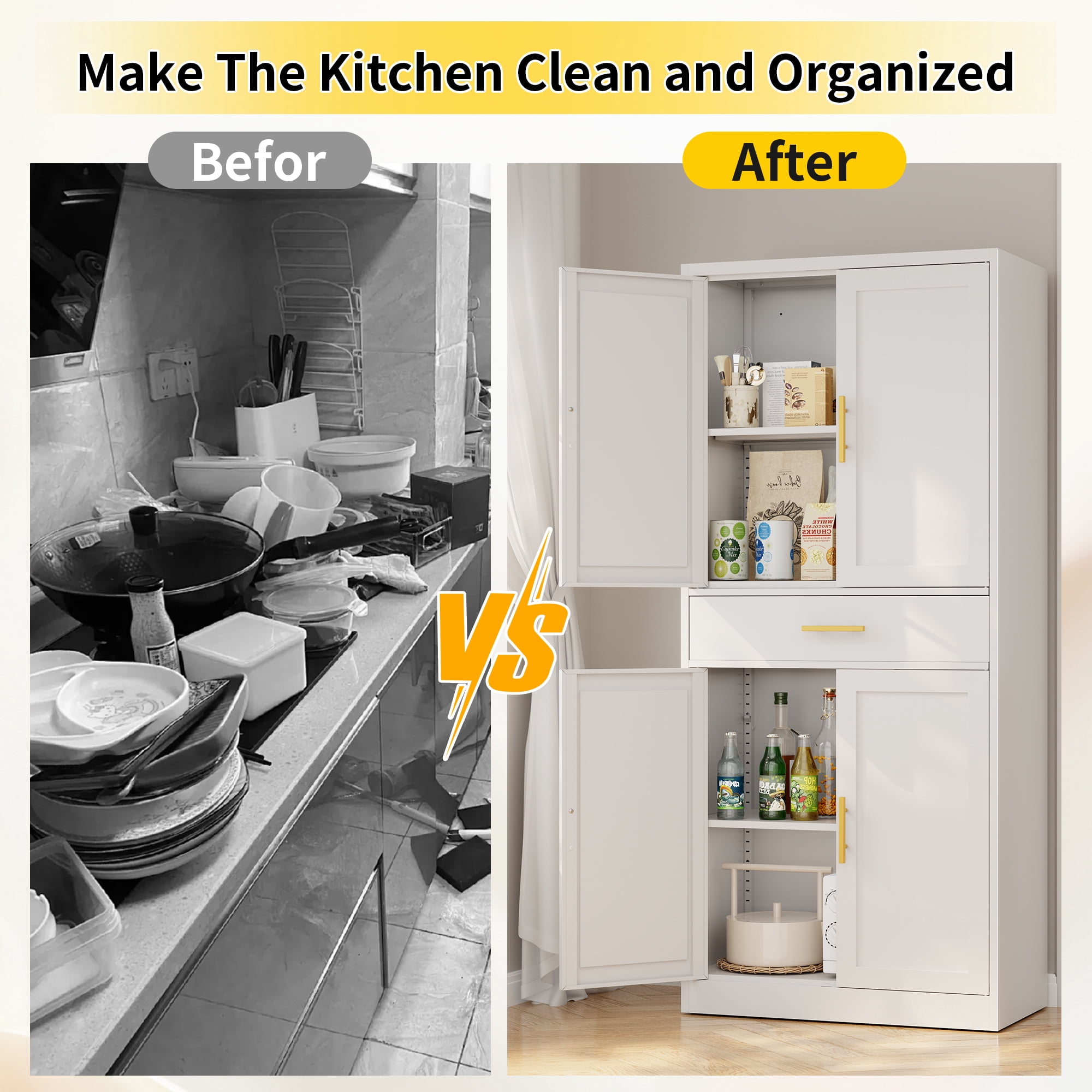 Metal Kitchen Pantry Cabinet, 71" Tall Cabinet with 1 Drawer, Doors and 2 Adjustable Shelves, Pantry Cabinets for Kitchen Storage, Metal Storage Cabinet for Kitchen, Dining Room-White