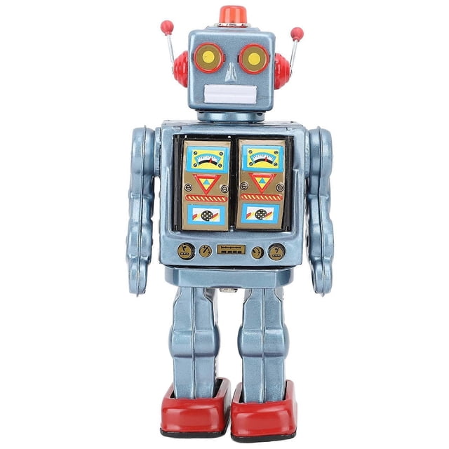 metal tin robot toy retro electric rotating figures model adult collection kids gift blue Robot metálico retro azul visto de frente con pies rojos y antenas; cabeza cuadrada con ojos amarillos, boca rectangular y cúpula roja; panel frontal con dos indicadores impresos, brazos articulados y compartimento de baterías en la espalda; funciona con 2 pilas D (no incluidas), camina, rota 360° la parte superior y emite sonido de disparo; ideal para colección y como regalo.