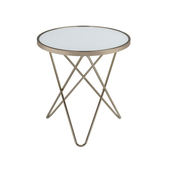 ACME Valora Round Glass Top End Table in White Glass and Gold