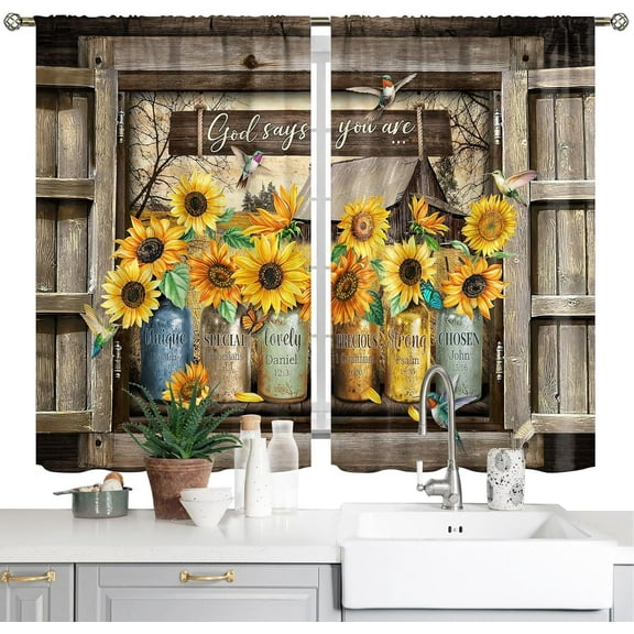 Farmhouse Sunflower Kitchen Curtains Country Yellow Floral Small Short Cafe Window Curtains Vintage Wooden Tier Curtains Rustic Plant Spring Bathroom Window Drapes Treatment Curtains (42x63 Inch)