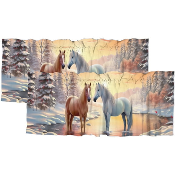 Rustic Kitchen Curtain Valance Winter Farmhouse Wild Animal Horse Thermal Insulated Window Curtain Valance Rod Pocket 54x18inch(2Pcs)