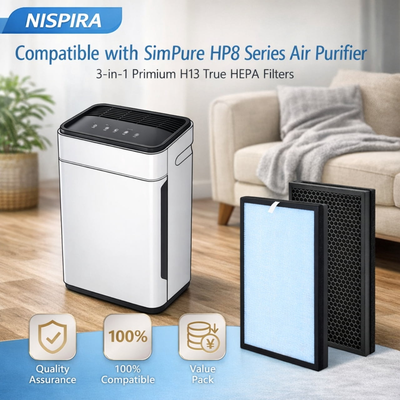 Nispira HP8 Replacement HEPA Filter Compatible with SimPure HP8 Air Purifier 3 Stage Filtration with Activated Carbon Pre Filter Replacement Air Cleaner Filter 3 Pack