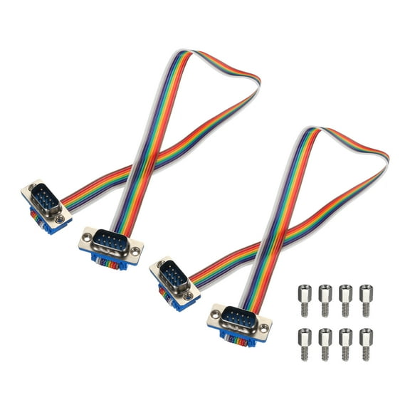 2 Pcs IDC Rainbow Wire Flat Ribbon Cable DB9 Male to DB9 Male 11.8 Inch Length 2.54mm Pitch