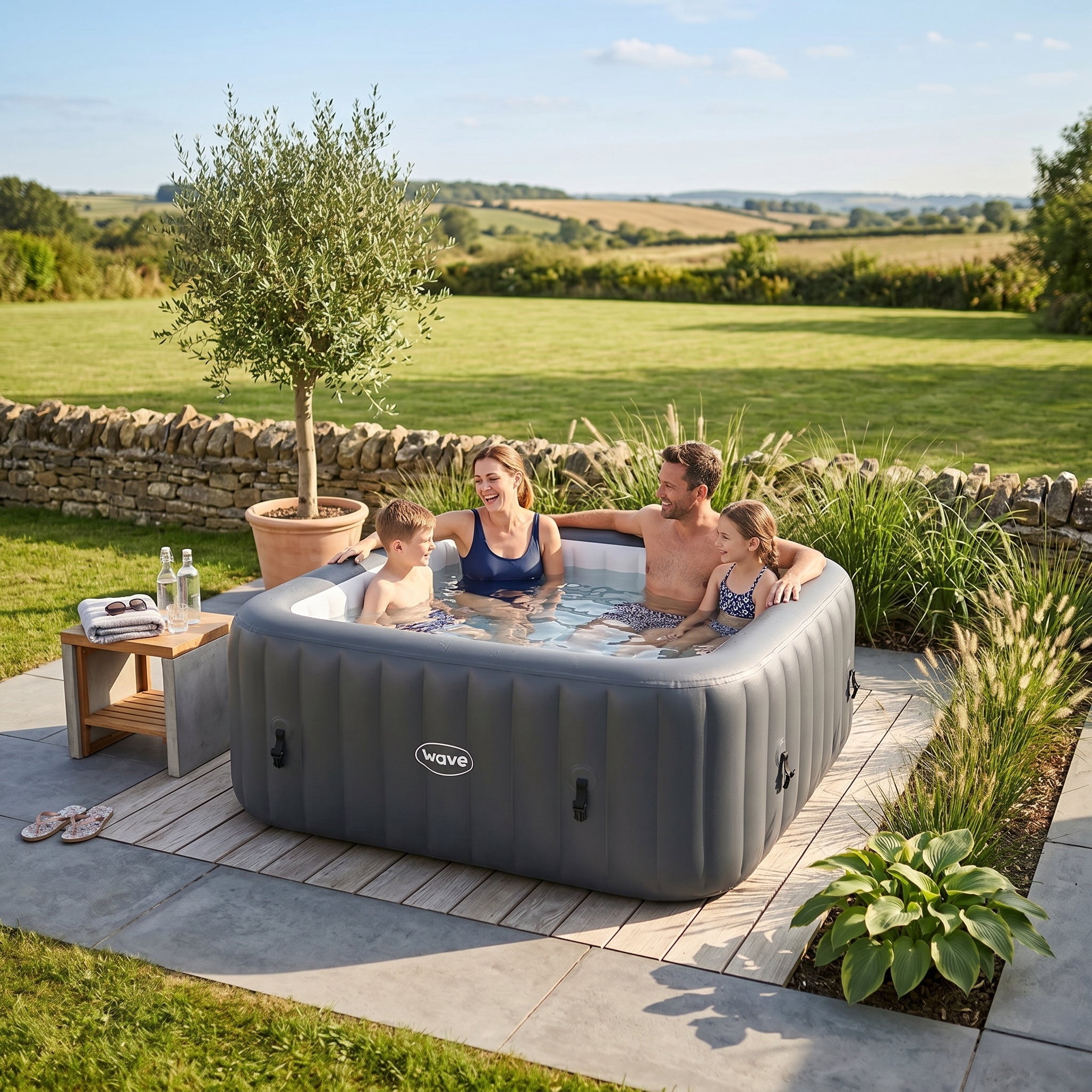 Wave Pacific 6-Person Square Inflatable Hot Tub, EnergySave Bundle | 130-Jet Spa | Dark Gray