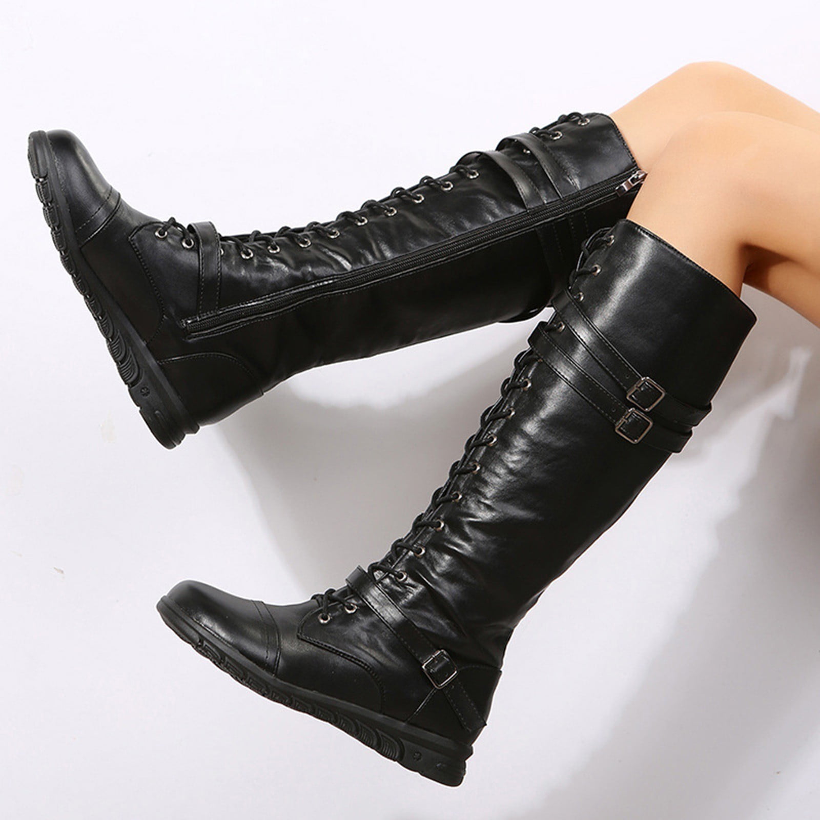 CBGELRT Knee High Boots for Women Fashion Lace-Up Side Zipper Long