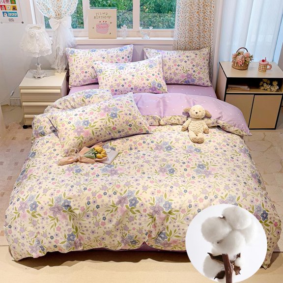 CinYana Purple Floral Duvet Cover Set Reversible 100% Cotton Duvet Cover Queen 3 PCS Chic Garden Bedding Set Soft Breathable Comforter Cover for All Seasons (Purple,Queen)