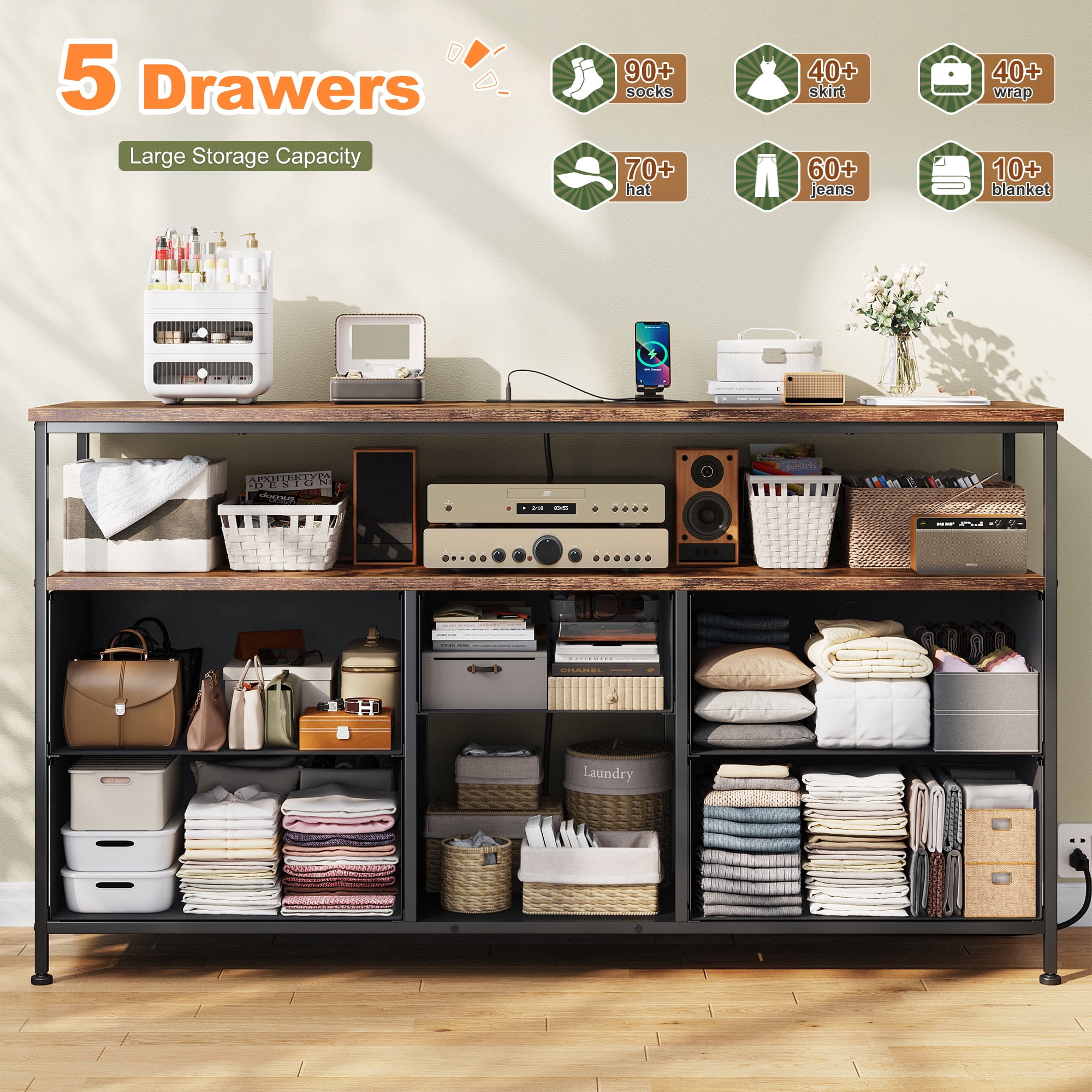 Romorgniz Wide Dresser with 5 Drawers for 50" TV Stand with Power Outlets & LED Lights & Entertainment Center,Dressers for Bedroom with Shelves for Living Room, Sturdy Metal Frame, Rustic Brown
