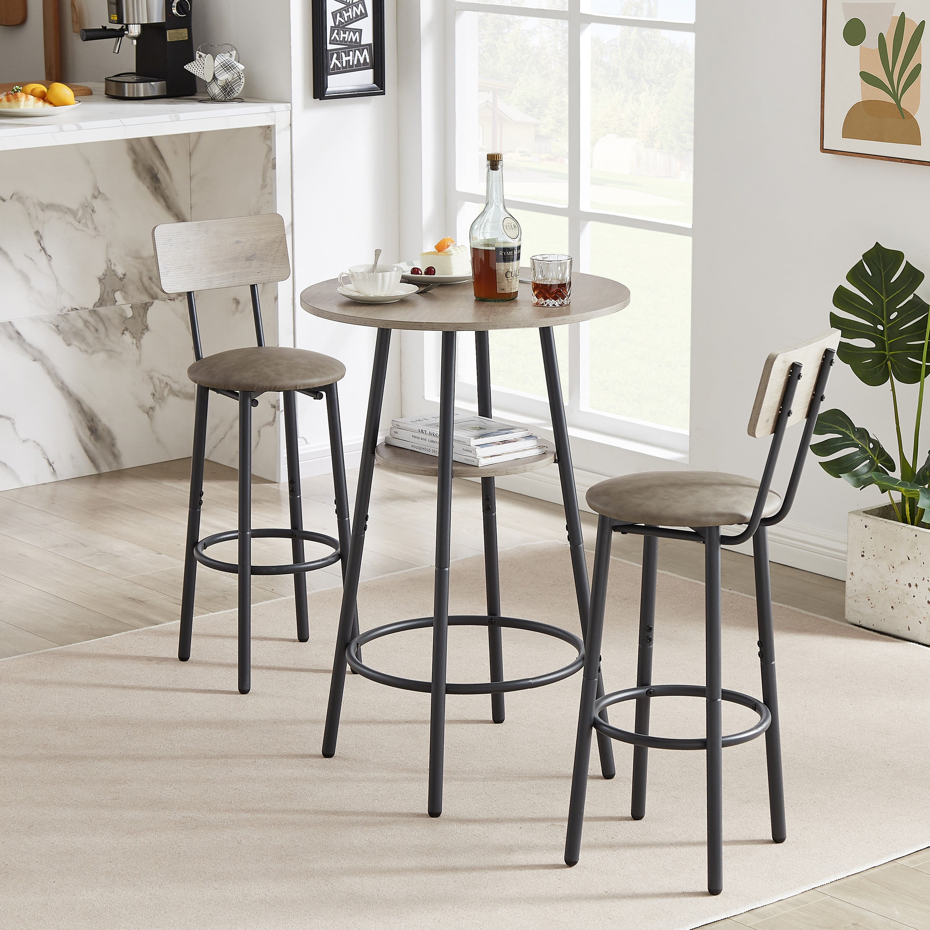 AUKFA 3-Piece Bar Table Set, Pub Dining Table, PU Upholstered Stools with Backrest for Kitchen Small Space, Gray