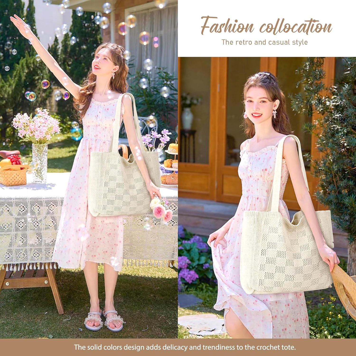 CAILDANL Crochet Bags for Women - Large Tote Aesthetic Handbag Shoulder Hippie Knit Bag