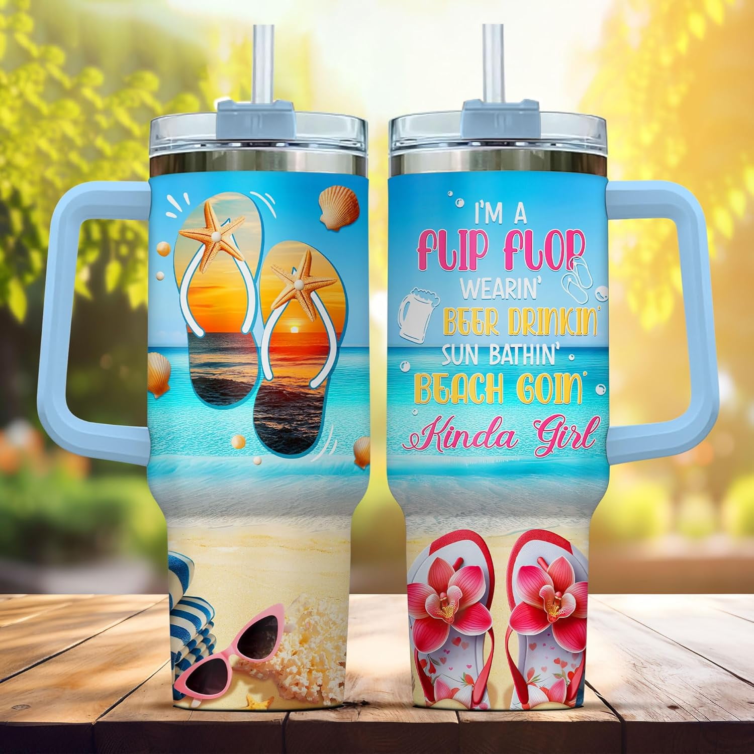 Coffee Yellow Blue Women Tumblers Quartz Light Simple Steel Hot Navy Myrtle Royal, Beach Gifts, Tumbler 40 Oz With Handle Lid And Straw, Kinda Girl Beach Sunshine