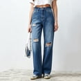 thumbnail image 4 of Women's Jeans Straight Leg Plus Size Ripped Solid Color Denim Pocket Loose Trousers, 4 of 5
