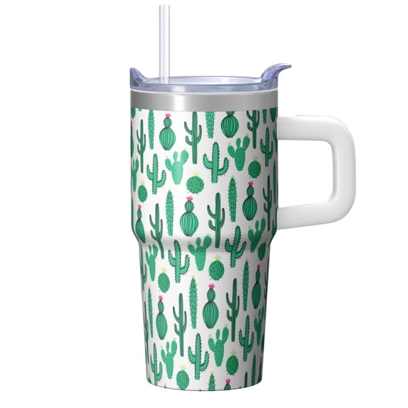 20oz Tumbler Featuring Handle and Straw, Double Wall Vacuum Insulation Durable Stainless Steel with Plant Prints