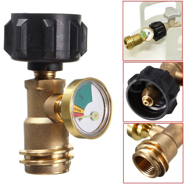 Xihbxyly Adaptador de Recarga de Propano, Construcción de Latón de Alta Calidad, con Manómetro, Diseño de Codo de 90°, Recarga de Botellas de 1 Lb, Compatibilidad con Varios Tanques, Parrillas Portát