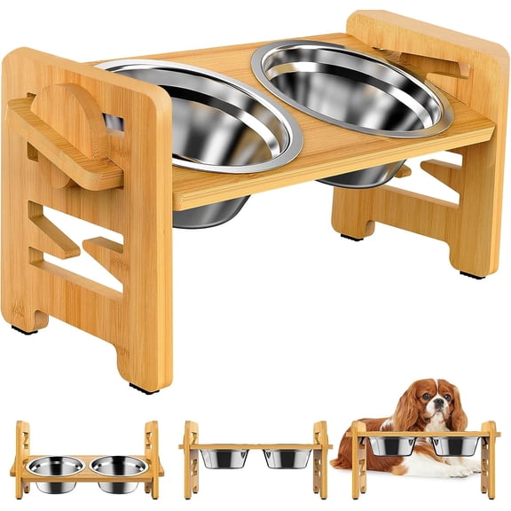 Raised Dog Bowl Stand,Elevated Cat Bowls,6 Heights Adjustable Elevated Dog Bowls with 10oz 2 Stainless Steel Dog Bowls,Dinosam Cat Bowls for Indoor Cats, Adjusts to Heights 2.95"-6.89"