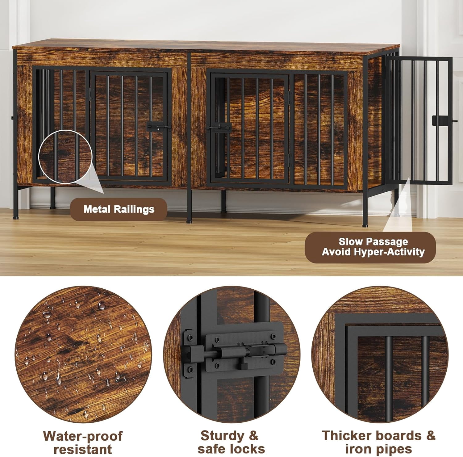 POAO 55.12" L Dog Crate Furniture for 2 Dogs, Heavy Duty Double Dog Crates for Small Dogs(0-20 Pounds), Dog Kennel Furniture Indoor as TV Stand,Brown