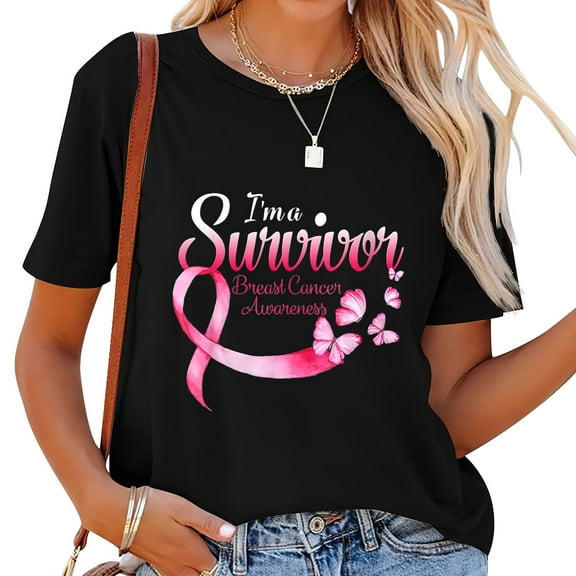 Womens I'am Survivor Breast Cancer Awareness With Pink Ribbon Round Neck T Shirt Black