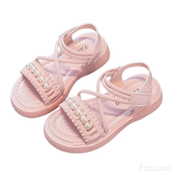 Fozruso Big Kids Girl Sandals Summer Pearl Roman Shoes Flat Bottomed Non Daily With Dress Shoes,Sizes 9.5 Little Kid 4-4.5 Years(Pink)